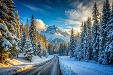 Fototapeta premium Snowy Winter Road Winding Through Majestic Mountain Forest