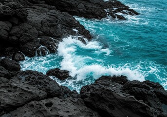 Teal Surf Against Dark Pitted Rocks
