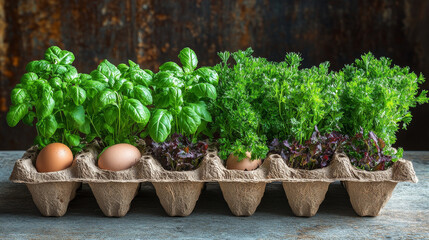 Fototapeta premium Tomato, basil, parsley, and watercress seedlings grown in repurposed containers like egg cartons and coconut pots, promoting sustainable gardening