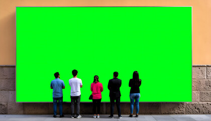 A group of five people stands in front of a large green screen billboard (chroma key enabled) mounted on a wall, appearing to observe or interact with the blank display.Insert your image chromakeying 