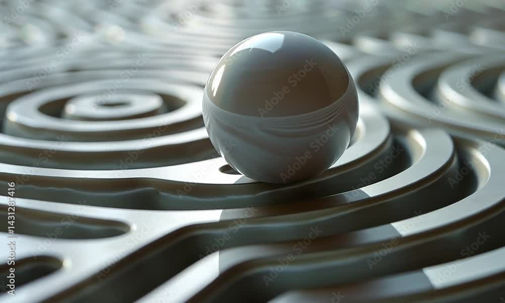 Poster a glossy sphere rolling on a textured, wavy surface with soft reflections and shadows