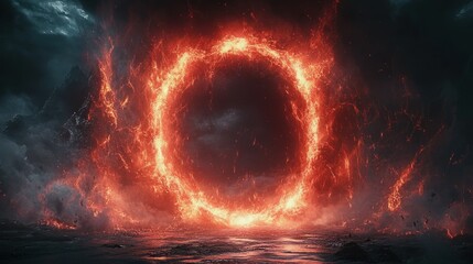 Fiery ring portal through apocalyptic landscape