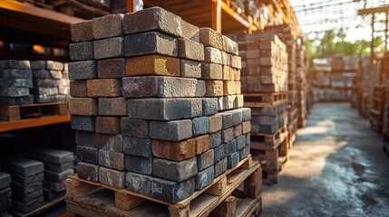Stacked paving stones on pallets inside a warehouse with shelving and sunlight.