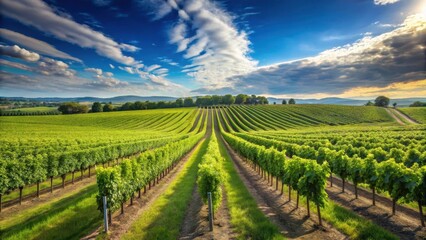 Fototapeta premium Panoramic vineyard landscape with rows of lush green grapevines stretching towards the bright blue sky on a sunny day, sun