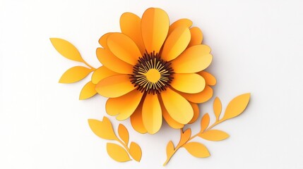 Ornate, paper-cut orange flower design with leaves.