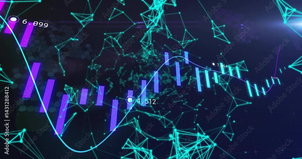 Poster data analytics interface floating in dark scene, showing neon bar charts and teal network mesh