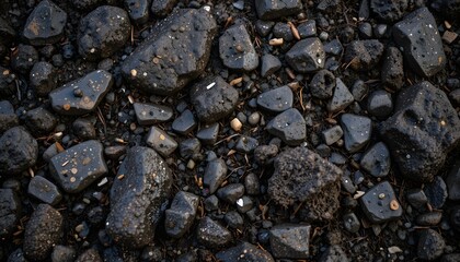 wet dark soil texture with small stones and organic debris background