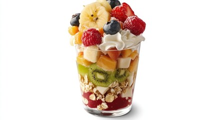 Colorful layered fruit parfait in a glass.