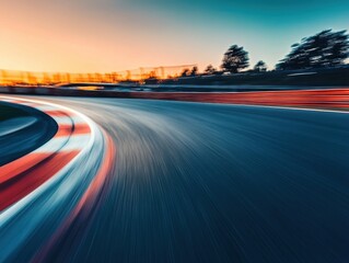 Dynamic motion blur on racetrack curve with vibrant sunset sky and blurred trees creating a sense of speed and energy