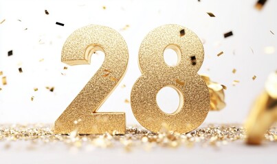 Golden Number Twenty Eight Surrounded by Confetti and Sparkle