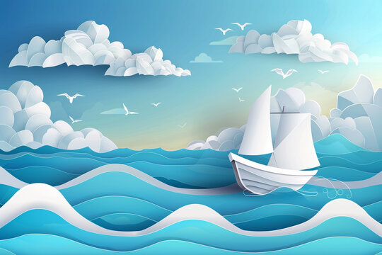 A stylized illustration of a sailboat navigating the ocean under a bright blue sky, surrounded by clouds and birds.