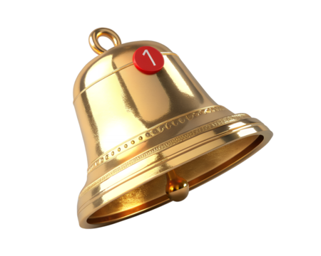 A shiny golden bell with a red notification badge indicating one new message on a transparent background