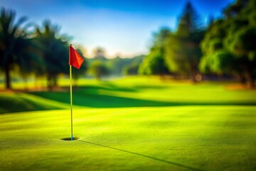 Obraz premium Strategic Success: Single Red Golf Flag on Pristine Green - Minimalist Tilt-Shift Image