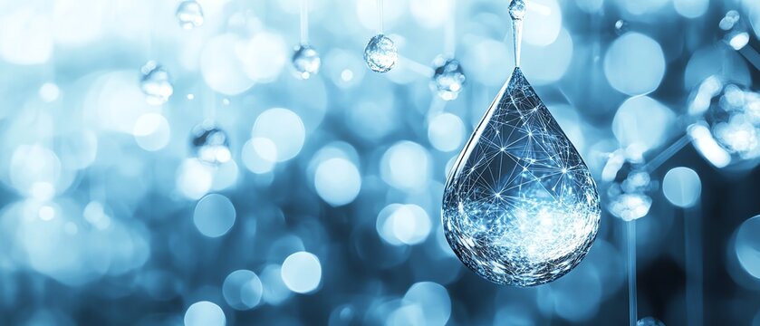 Hightech digital water drop, water supply rectification and resource management, futuristic technology theme, clean background with space for copy