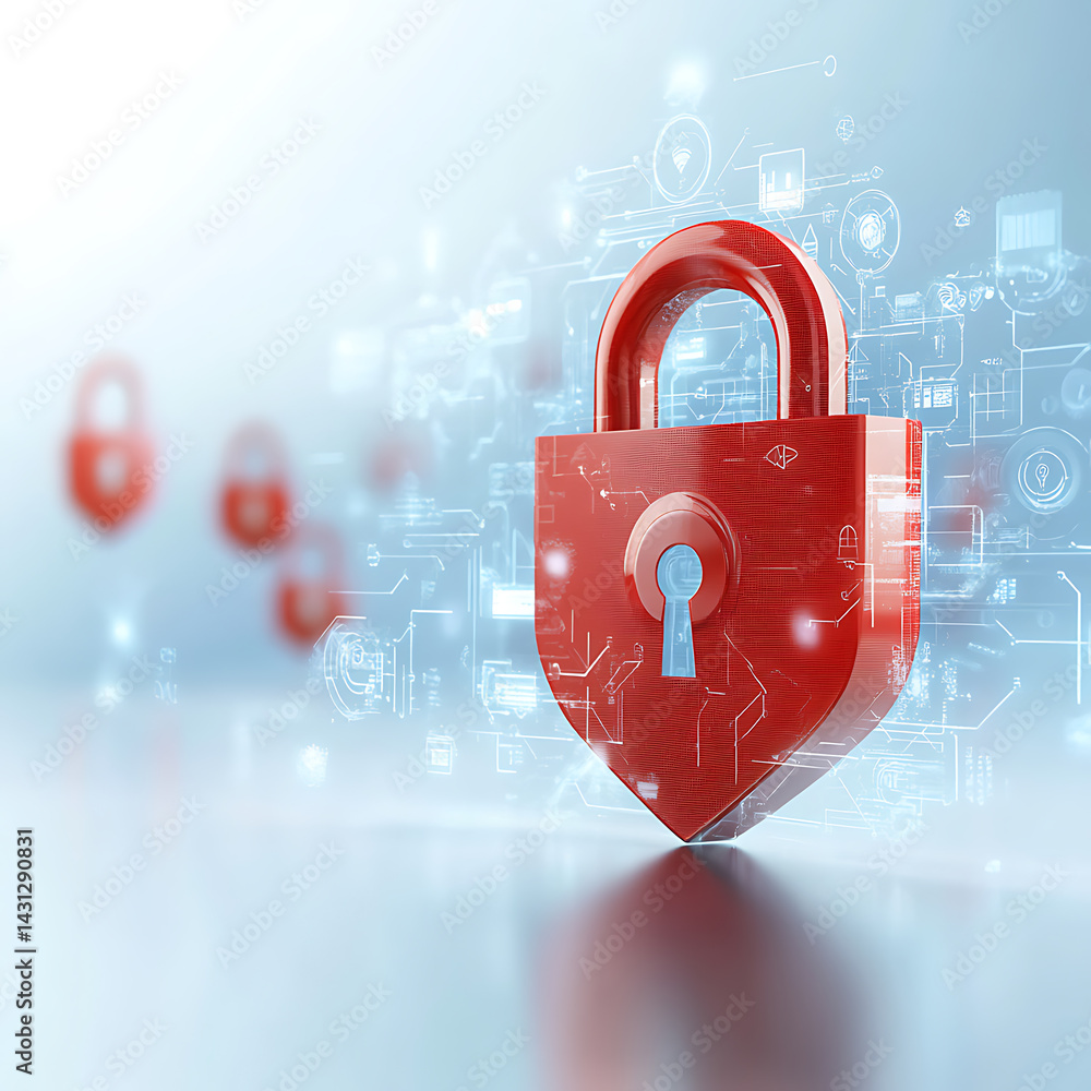 Poster data security action with red padlock digital environment conceptual graphic design focus on technol