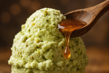 Macro shot of a scoop of artisanal pistachio ice cream  drizzled with a liquid honey by rustic wooden spoon, with a focus on the texture of the ice creamand the slowly dripping honey droplet