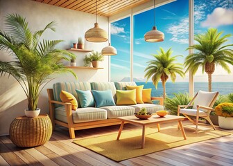 Fototapeta premium Summer Vacation Lounge: Relaxing Sofa & Chair in Sunny Patio
