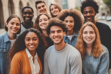 Obraz premium Portrait of a smiling diverse group of students infornt of university in usa