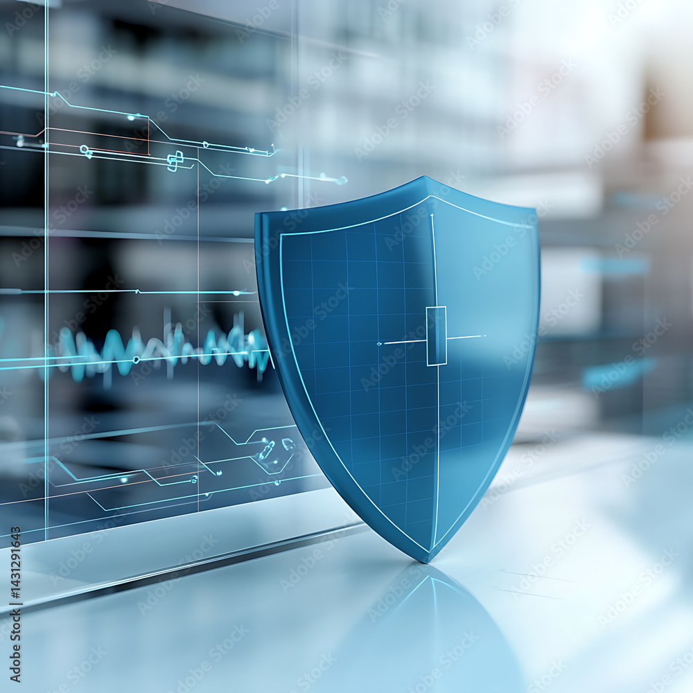Poster enhancing cybersecurity measures office setting digital artwork high-tech environment close-up view 