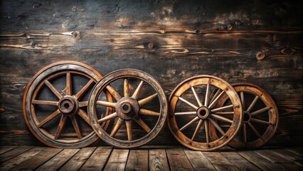 Obraz premium Vintage Wooden Wheels on Dark Background