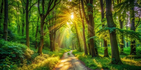 Obraz premium Sunlit Forest Path: Golden Hour Nature Photography