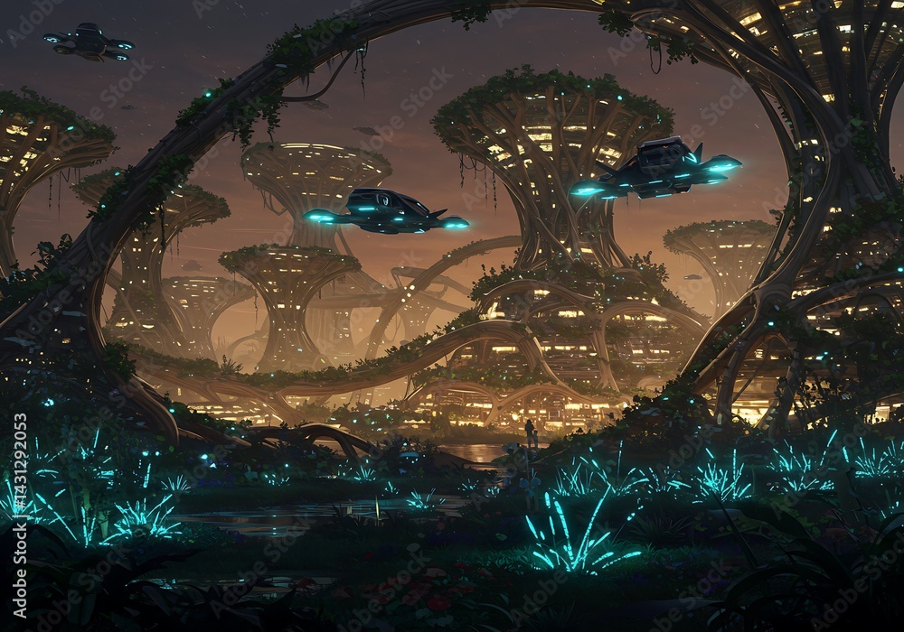 Poster futuristic city featuring floating vehicles and unique architecture. the environment is thriving wit