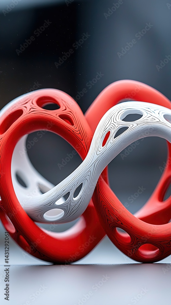 Poster pulsing red and white geometric heart intertwined in infinity loop