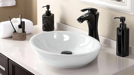 Fototapeta premium Modern Bathroom Sink with Elegant Faucet and Stylish Accessories on Minimalist Countertop