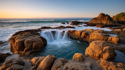 Obraz premium Coastal Waterfall Pool at Sunset