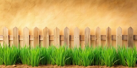 Fototapeta premium Soft green grass border surrounded by a rustic wooden fence, set against a warm sandy beige background , fence
