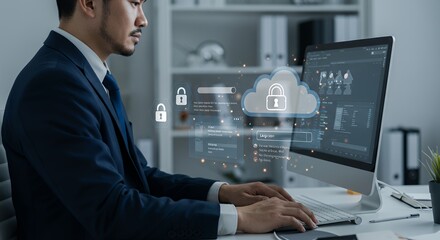 Man Working on Secure Cloud Computing Network Data Protection
