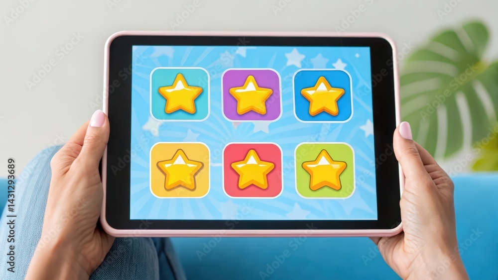 Poster star rating system, a person holds a tablet displaying a colorful game interface featuring star icon