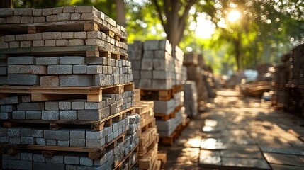 Stacked paving stones on pallets outdoors with sunlight filtering through trees.