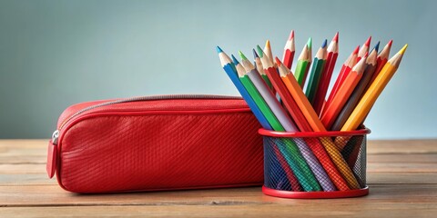 Fototapeta premium A red pencil case sits open on a desk surface, revealing a selection of colored pencils and two pencils sticking out from the case , colorful pencils, educational materials