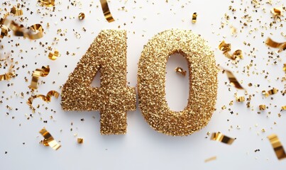 Golden Glittery Number 40 Surrounded by Confetti for Celebration