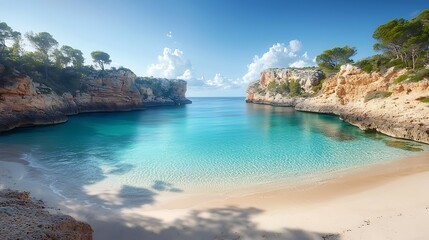 Fototapeta premium Pristine beach cove with crystal clear turquoise water, cliffs, and blue sky