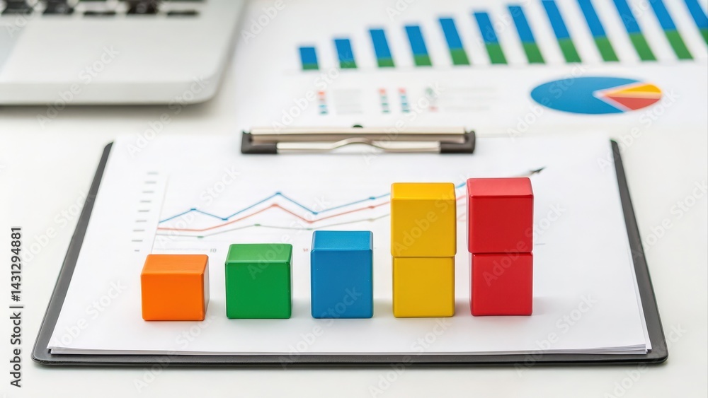 Poster colorful blocks arranged on a report with graphs, depicting data analysis and business performance.
