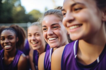 Portrait of a young female basketball players smiling and posing for a team photo on the basketball court