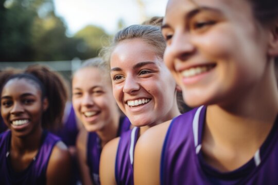 Portrait of a young female basketball players smiling and posing for a team photo on the basketball court - Powered by Adobe