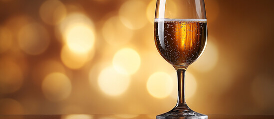 Champagne glass with golden bokeh background.