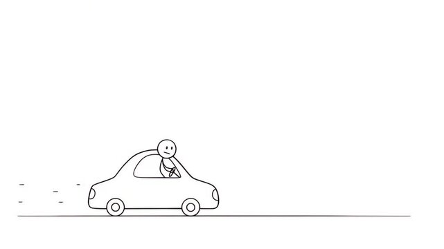 animated line figure character driving a car