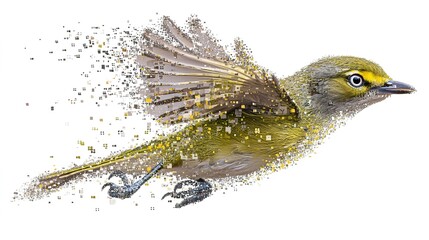 Obraz premium A vibrant bird in flight, depicted with a dynamic disintegration effect.