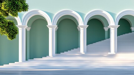 White Columns and Green Walls with Ascending Steps