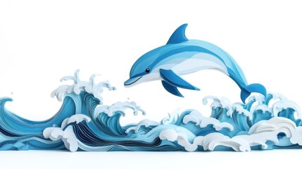 Fototapeta premium A playful dolphin leaps over stylized ocean waves.