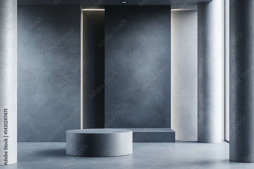 Aufkleber minimalist display platform in modern room with grey walls and columns