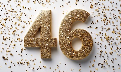 Glittery Golden Number 46 with Confetti for Celebration or Event