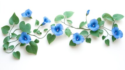Delicate morning glories arranged in a horizontal line on a white background.