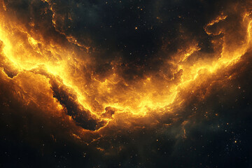Fiery nebula cosmic clouds glowing gold in dark space