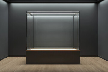 Empty glass display case in a dark room minimalist design museum exhibit showcase