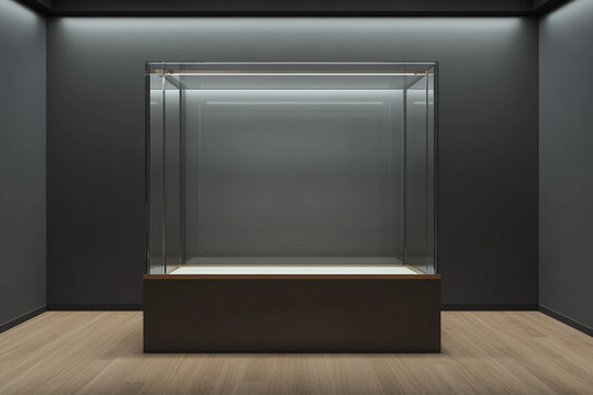 Empty glass display case in a dark room minimalist design museum exhibit showcase